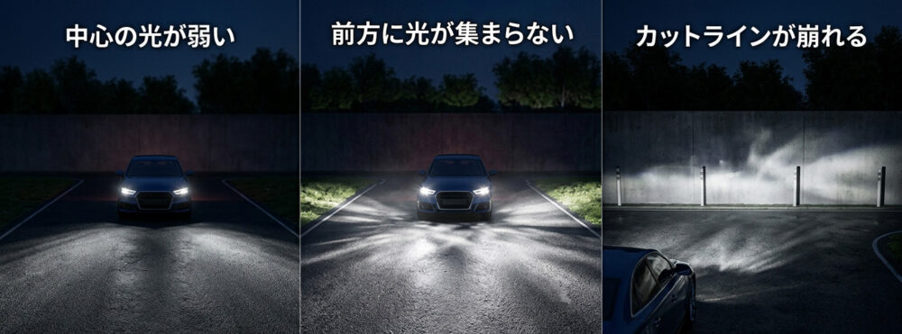 なぜカンデラが大事なのかについて説明する画像。中心の光が弱い、前方に光が集まらない、カットラインが崩れるライトは、カンデラ値が低く、車検に通らない。