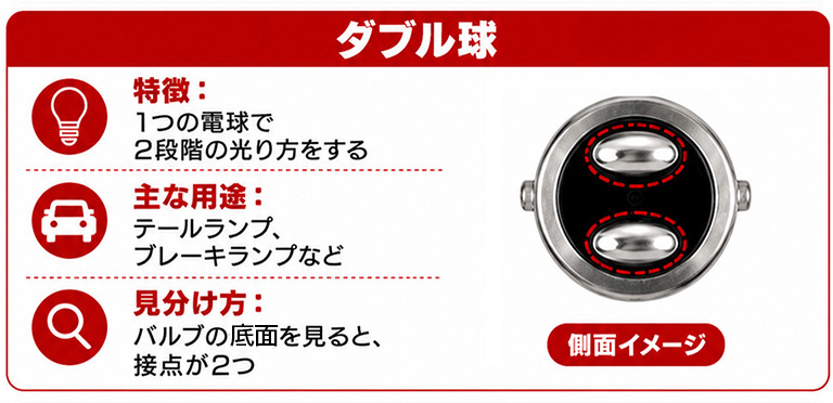 S25ダブル球の説明画像
【ダブル球】
特徴：1つの電球で、2段階の光り方をする
主な用途：テールランプ、ブレーキランプなど
見分け方：バルブの底面を見ると、接点が2つ